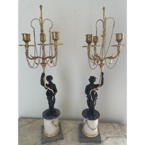 Pair Of Bronze And Marble Candelabras From The Directoire Period 