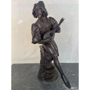 Bronze By Paul Fournier Depicting A Mandolin Player Or Minstrel