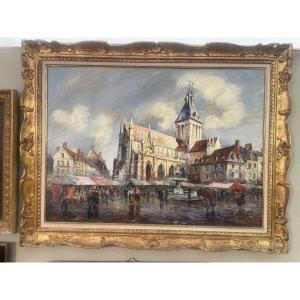 Huile sur toile signée Frank will représentant une place un jour de marché