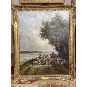 Oil On Canvas Depicting The Return Of The Herd, By J. Veyrassat