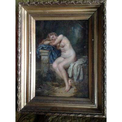 Oil On Panel Signed A. Lecaron Representing A Young Naked Girl On A Stone Bench