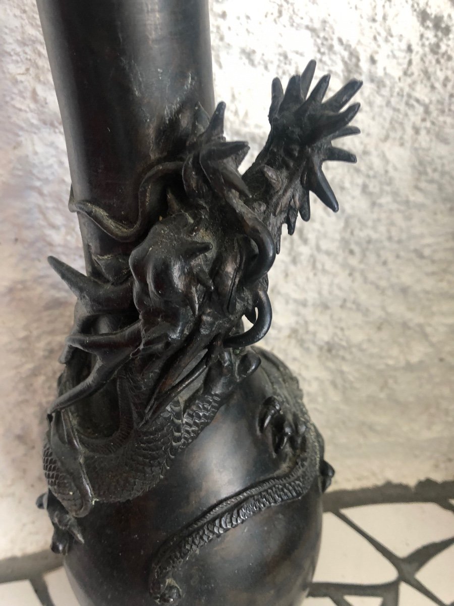 Bronze Vase With Indochina Dragon Decor-photo-3