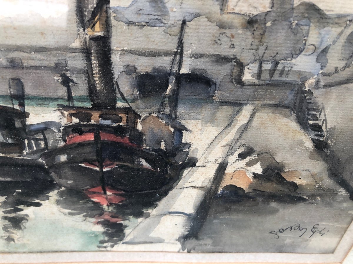 Paire Aquarelle Bateaux Sur La Seine -photo-4