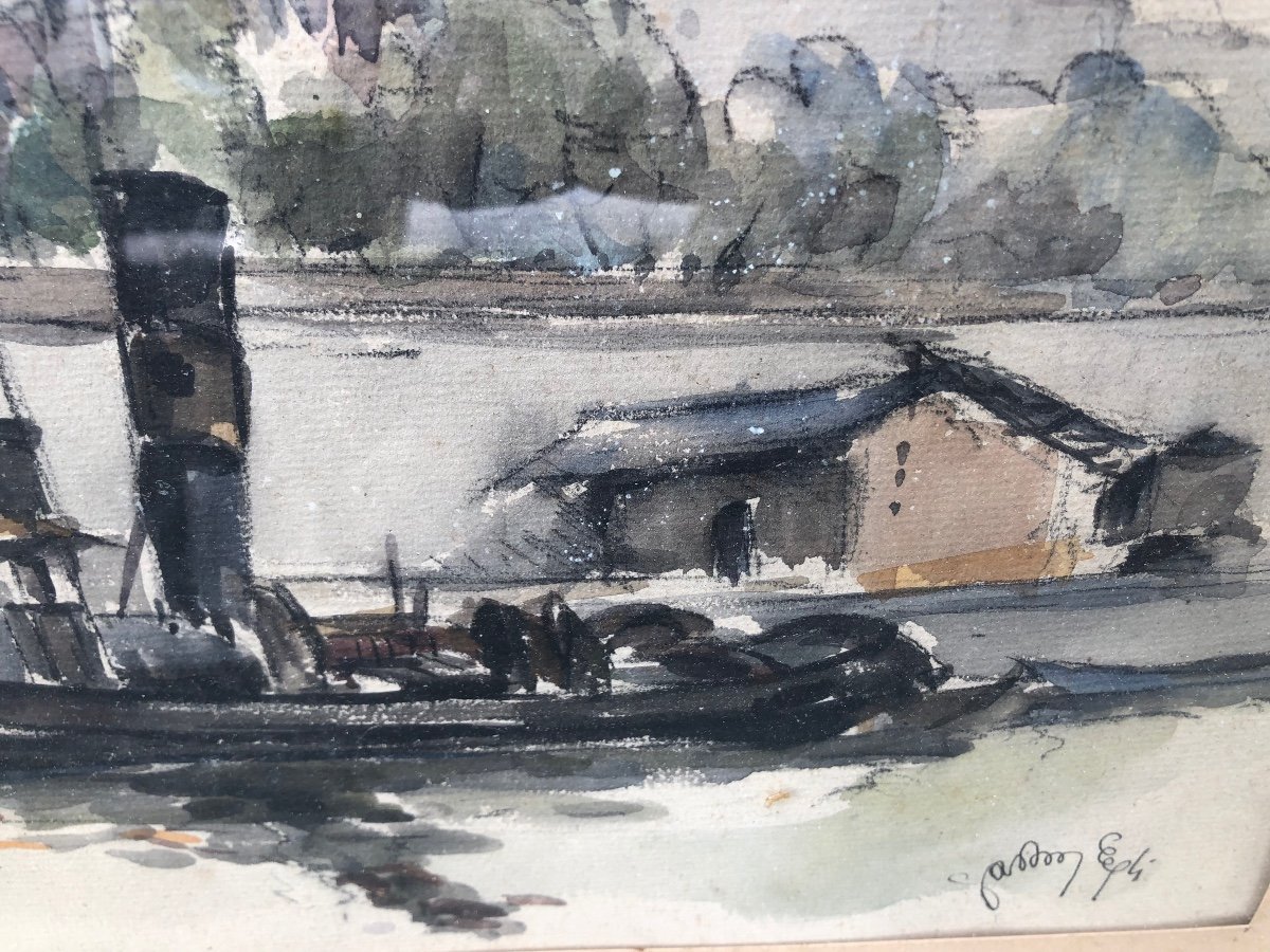 Paire Aquarelle Bateaux Sur La Seine -photo-2