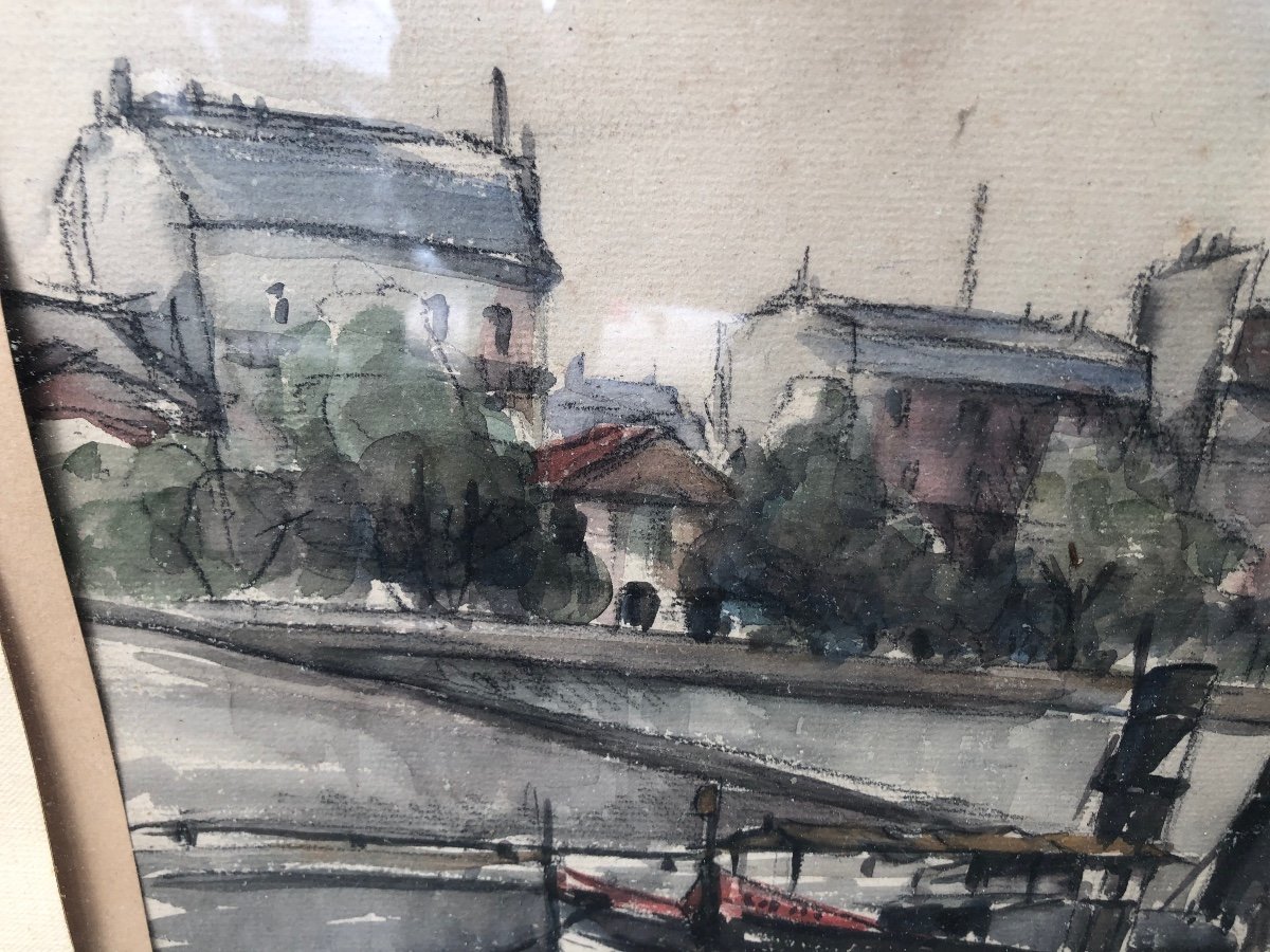 Pair Watercolor Boats On The Seine-photo-3