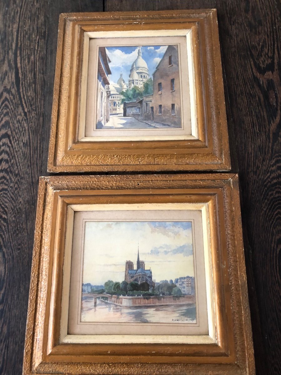 Pair Of Watercolors On Paris Notre Dame And Sacré Coeur 