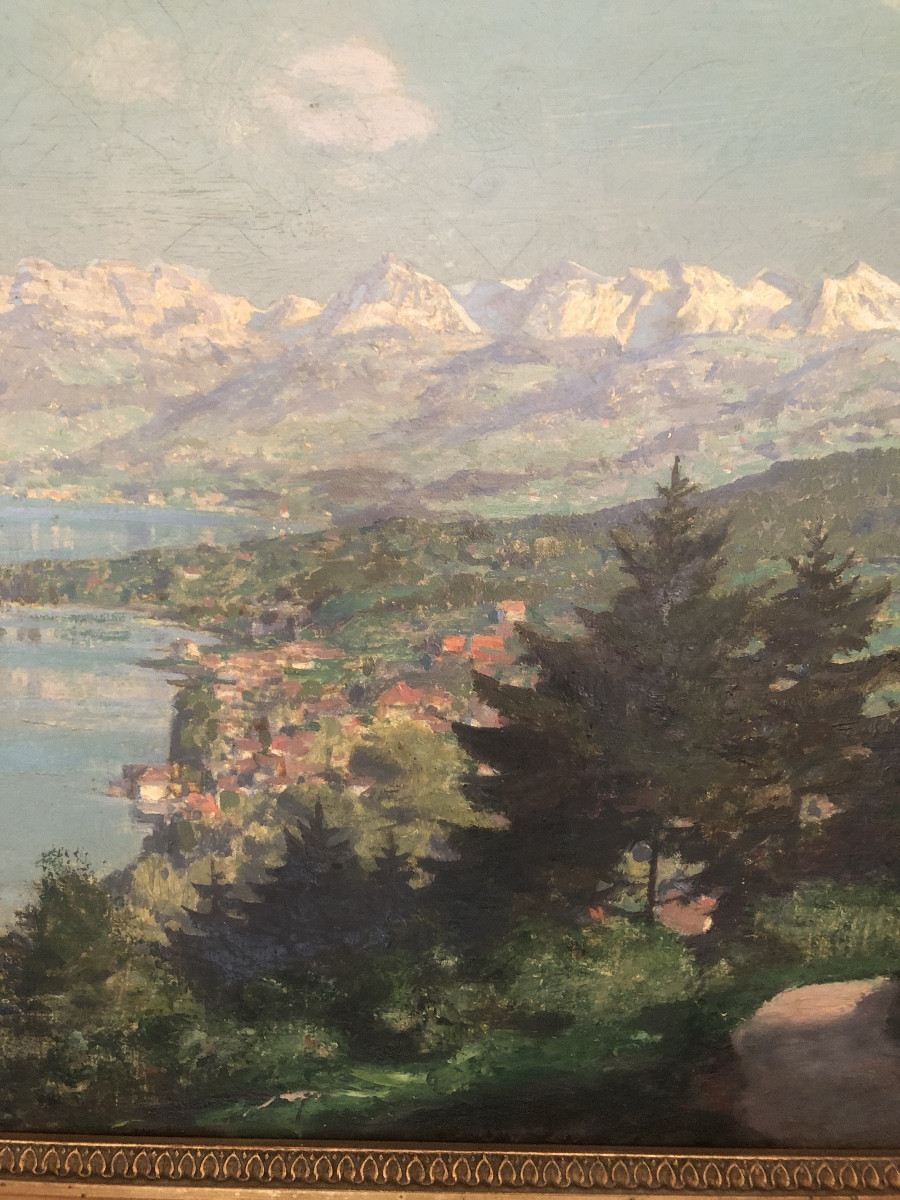Oil On Canvas By Wiesmann V Hugo Depicting The Town Of Horgen And Lake Zurich -photo-3
