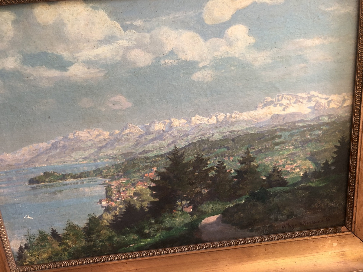 Oil On Canvas By Wiesmann V Hugo Depicting The Town Of Horgen And Lake Zurich -photo-1