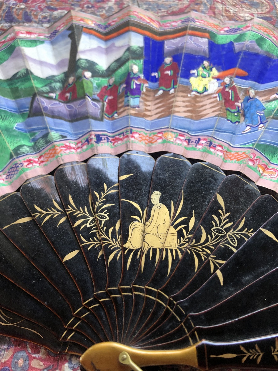 Éventail chinois en laque et aquarelle-photo-2