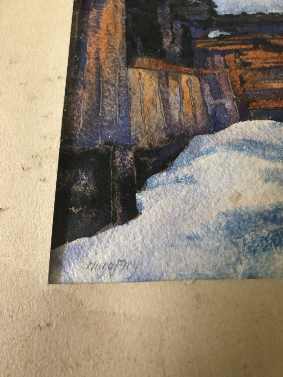 Aquarelle paysage de montagne enneigé  signé Hugo Frey-photo-2