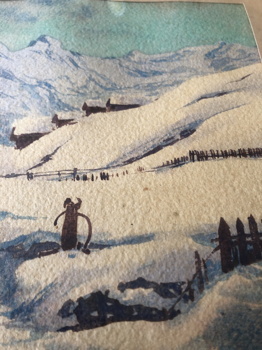 Aquarelle paysage de montagne enneigé  signé Hugo Frey-photo-1