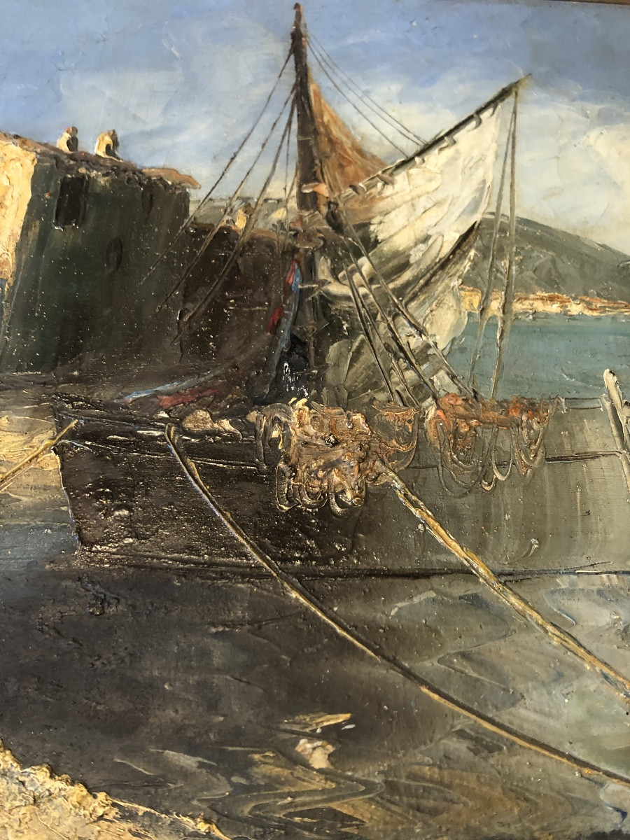 Oil Painting Of A Mediterranean Port, Signed Roberval-photo-2