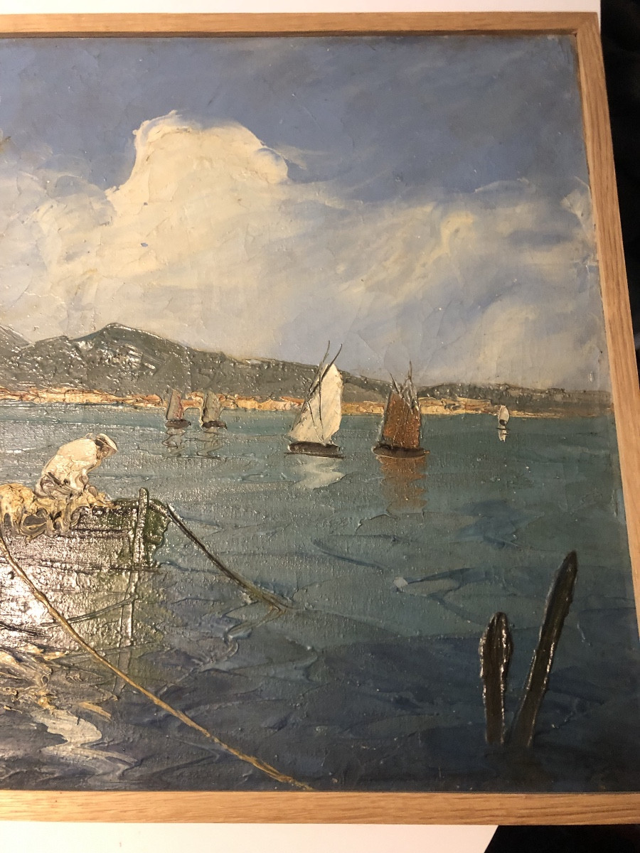 Oil Painting Of A Mediterranean Port, Signed Roberval-photo-2