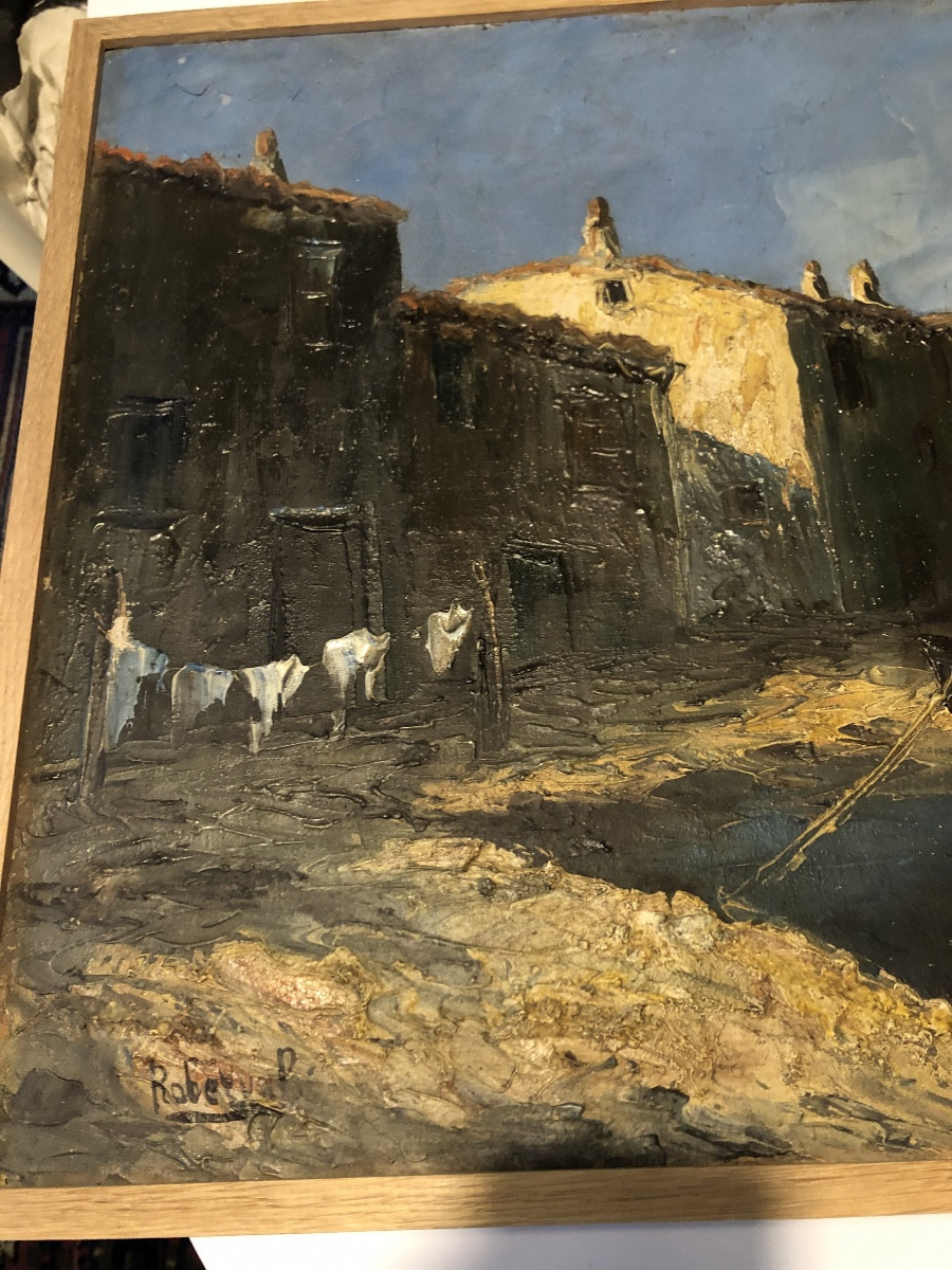 Oil Painting Of A Mediterranean Port, Signed Roberval-photo-5