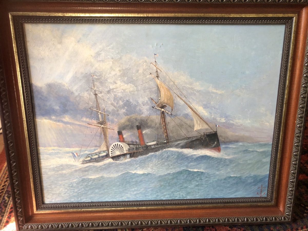 19th-century Marine Painting Of A Two-masted Steamship; 20th-century Painting Signed "sarrouy"