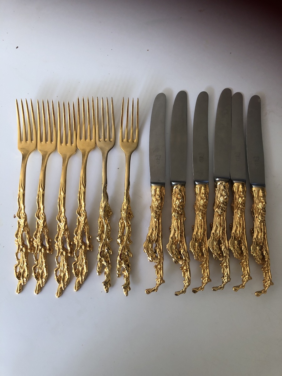 Set Of Twelve Gilded Bronze Cutlery Pieces Signed By Gabriella Crespi