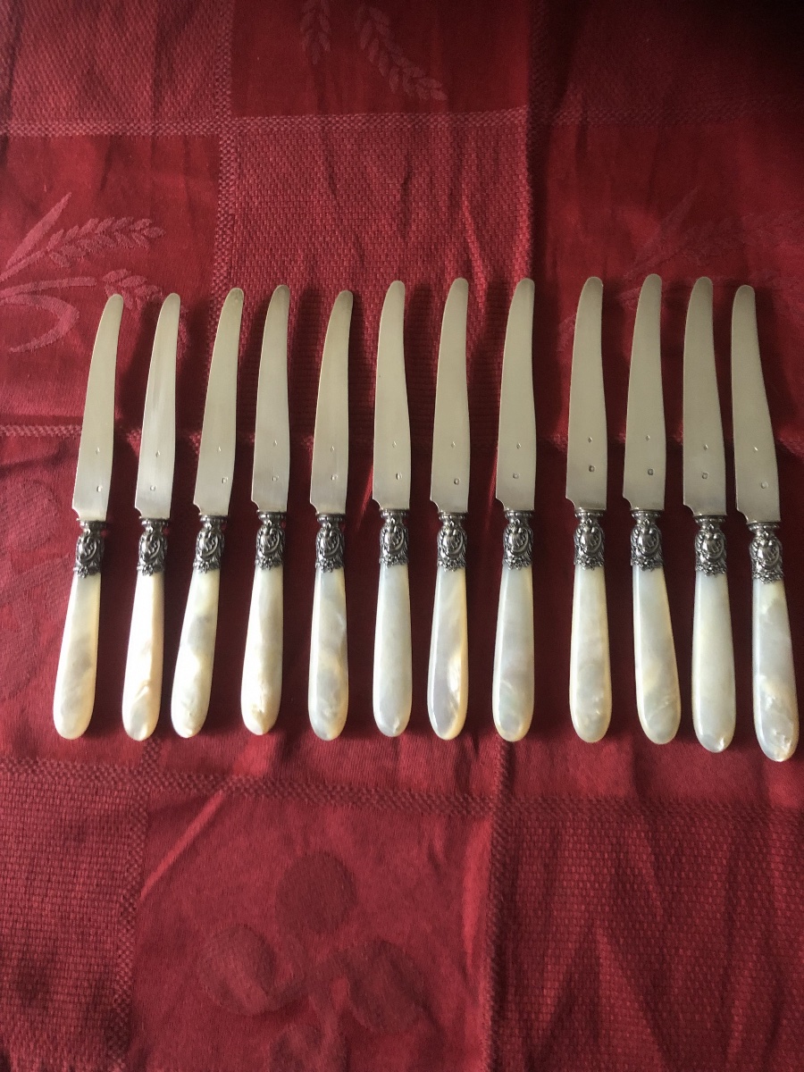 Set Of 12 Small Mother-of-pearl And Silver Fruit Or Dessert Knives