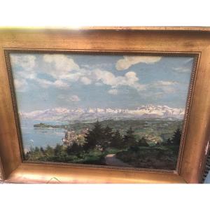 Oil On Canvas By Wiesmann V Hugo Depicting The Town Of Horgen And Lake Zurich 