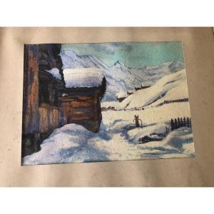 Aquarelle paysage de montagne enneigé  signé Hugo Frey