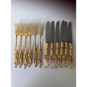 Set Of Twelve Gilded Bronze Cutlery Pieces Signed By Gabriella Crespi
