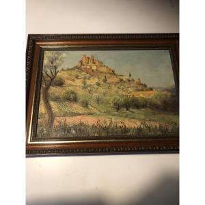 Tableau huile sur toile représentant le village de Entrechaux signé SARROUY