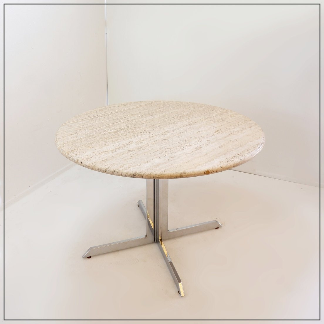 Table de salle à manger ronde en travertin avec piètement chromé, années 1970 - Ø 120 cm-photo-3