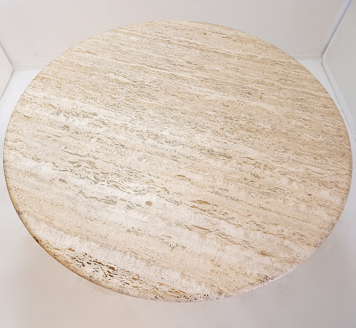 Table de salle à manger ronde en travertin avec piètement chromé, années 1970 - Ø 120 cm-photo-3