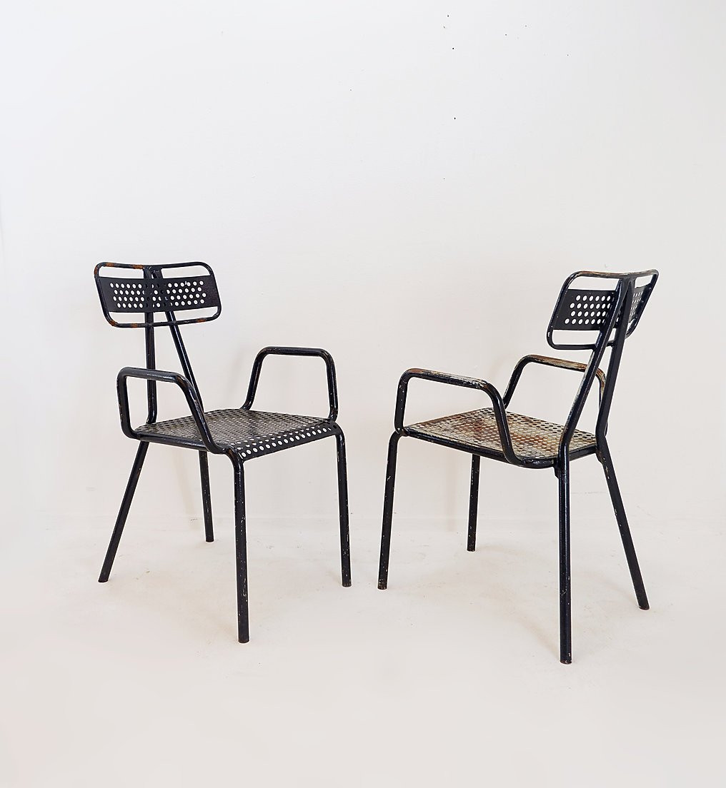 Lot de 2 chaises de jardin françaises en métal « Radar » de René Malaval 1930-photo-4