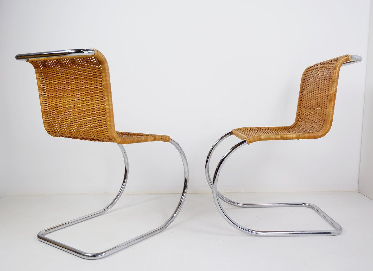 Pair Of Chrome And Wicker Cantilever Chairs In The Mies Van Der Roye Style-photo-2