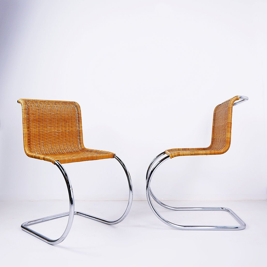 Pair Of Chrome And Wicker Cantilever Chairs In The Mies Van Der Roye Style-photo-4