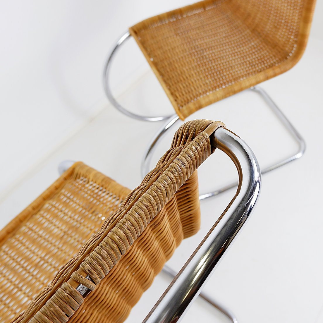 Pair Of Chrome And Wicker Cantilever Chairs In The Mies Van Der Roye Style-photo-3
