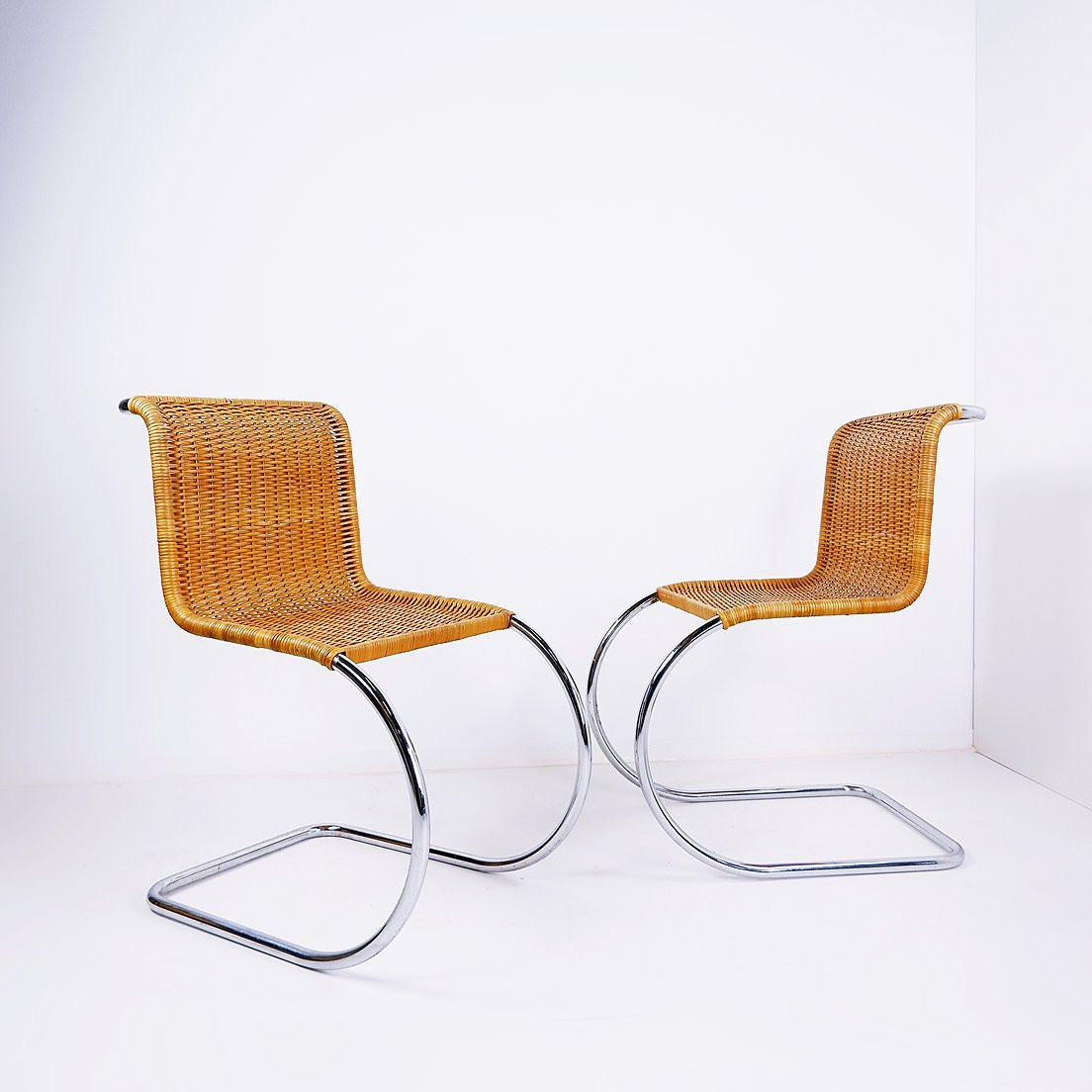 Pair Of Chrome And Wicker Cantilever Chairs In The Mies Van Der Roye Style-photo-8