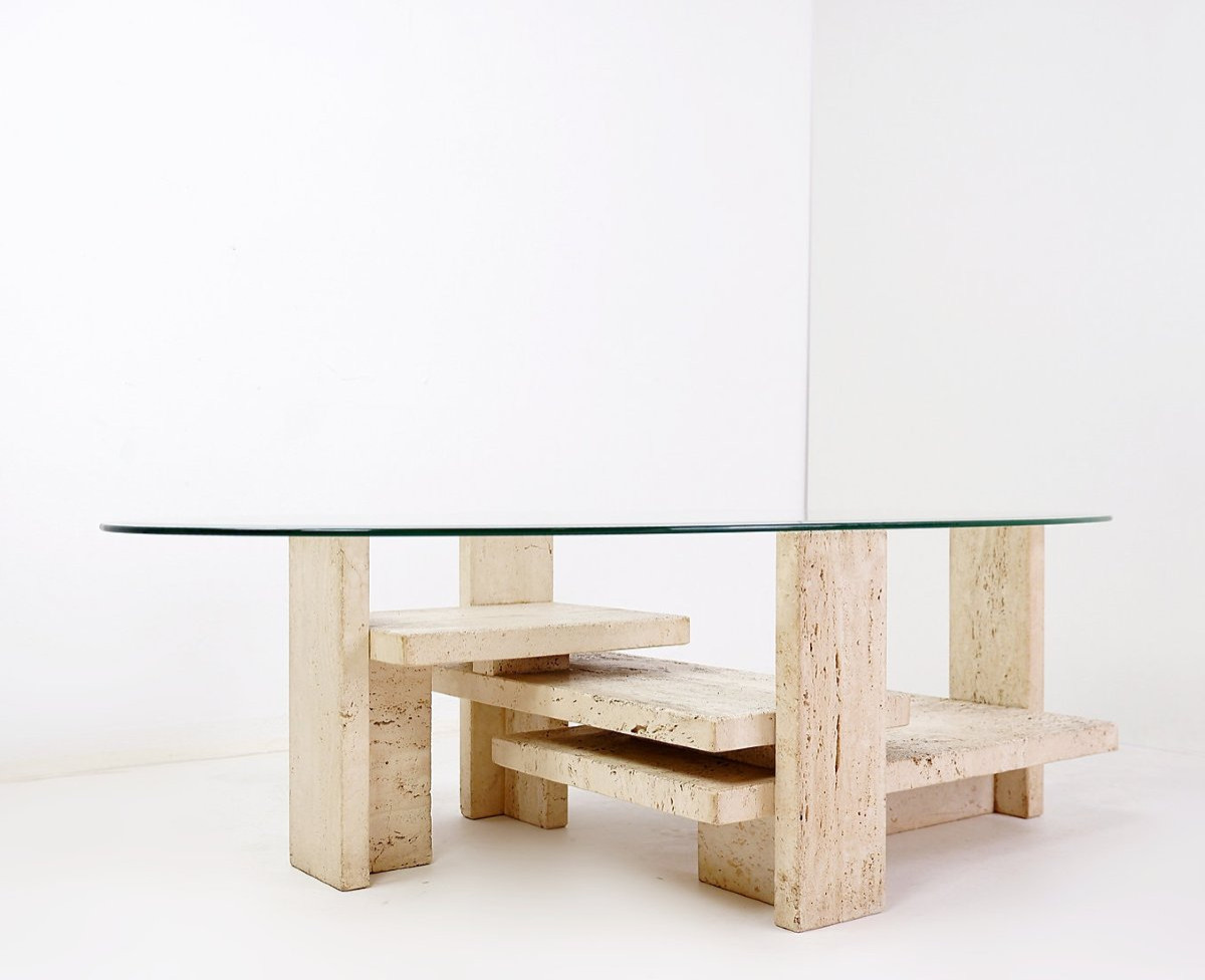 Glass And Travertine Coffee Table, Willy Ballez, 1970s-photo-8