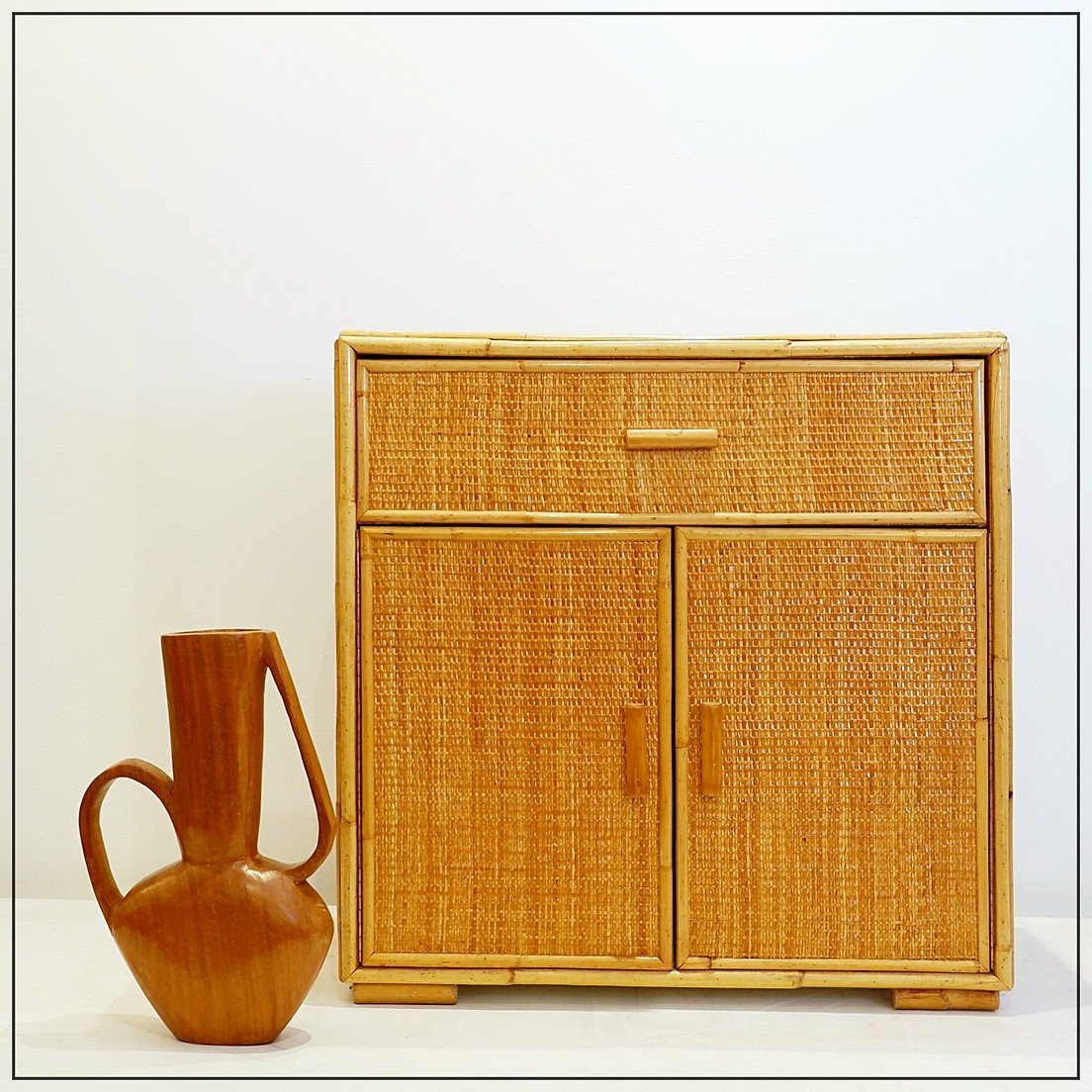 2-door And Drawer Rattan And Wicker Cabinet - 1960s