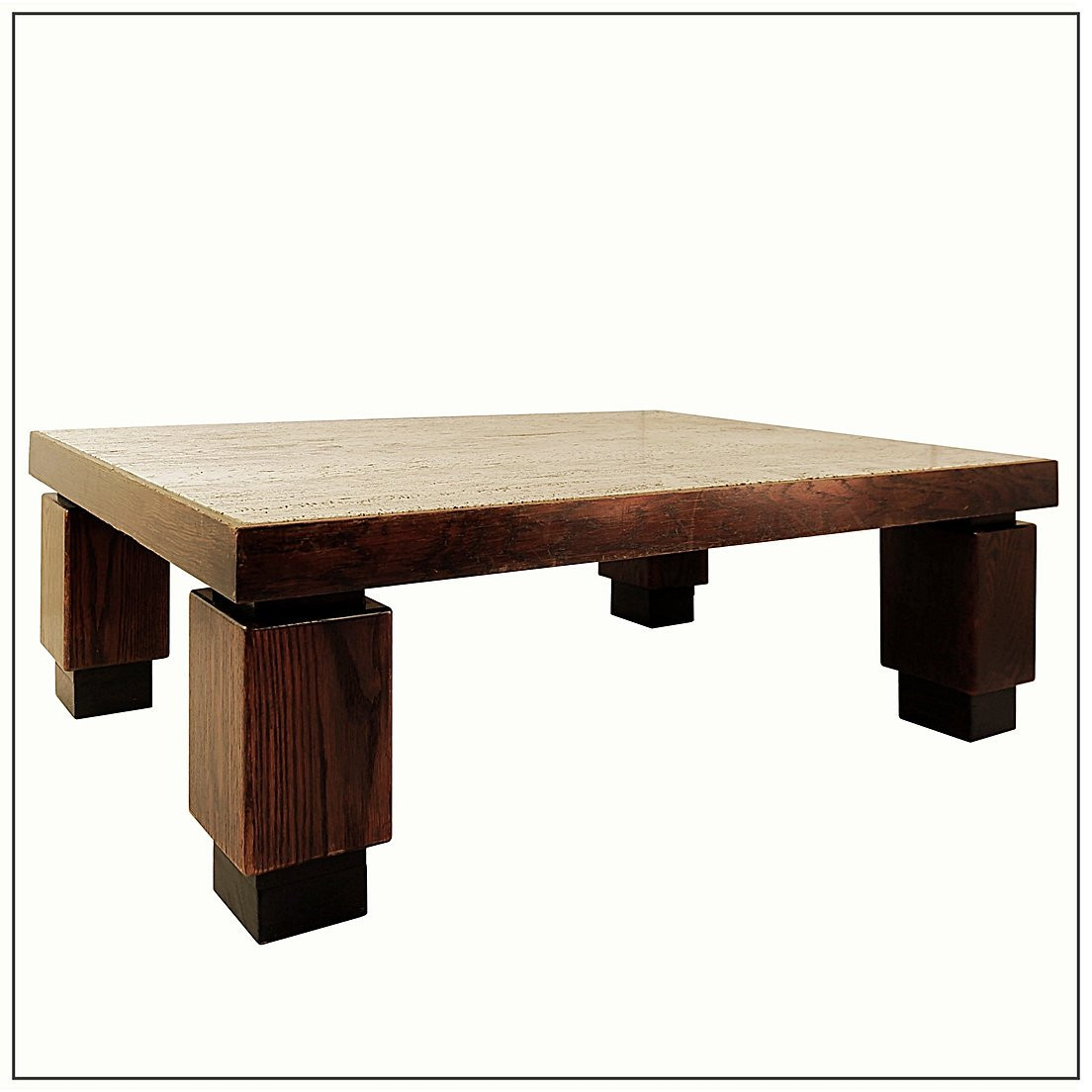 Large Wooden Coffee Table With Travertine Top-photo-4