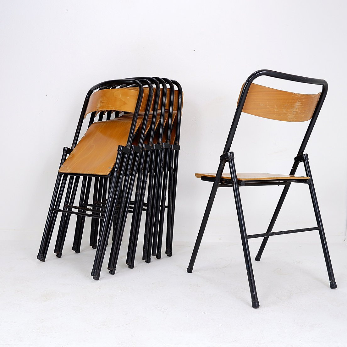 Set Of 7 Vintage Metal And Wood Folding Chairs - 1960s-photo-2