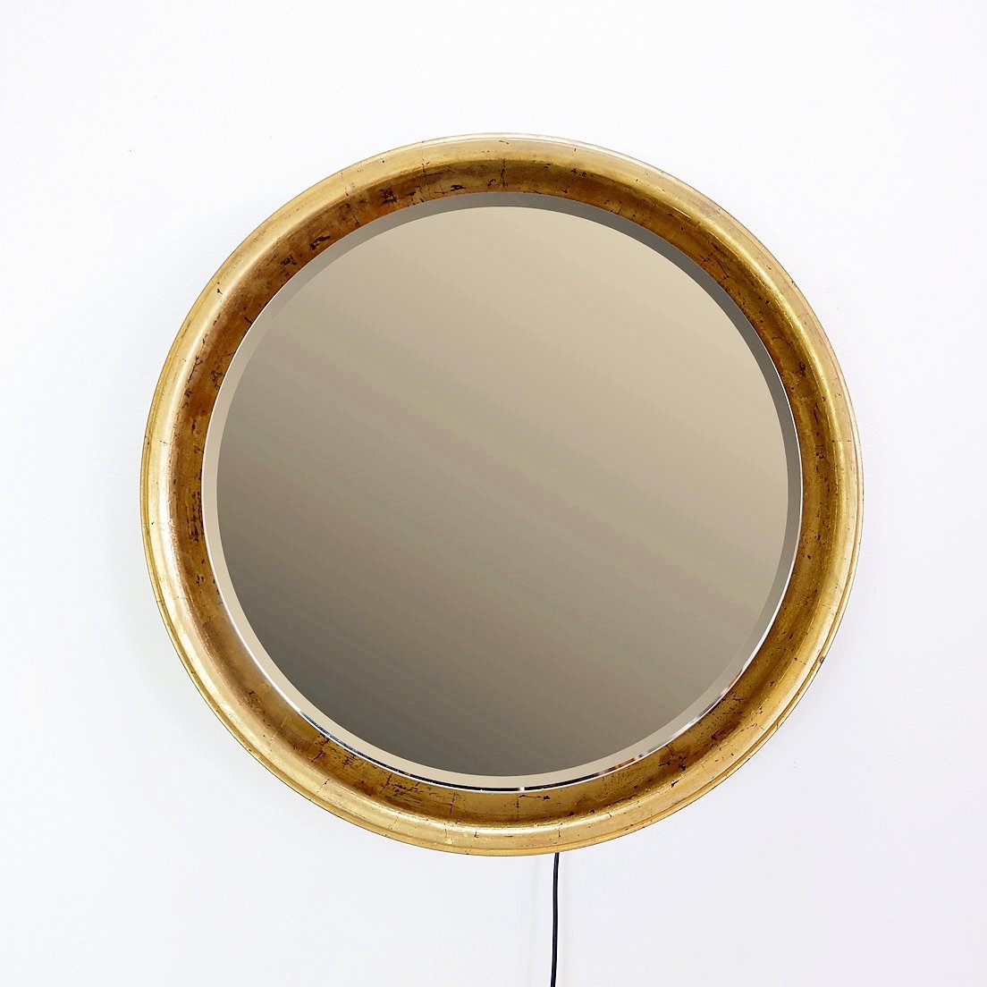 Large Round Wall Light Mirror Gold Leaf - 1960s - ø66cm-photo-4