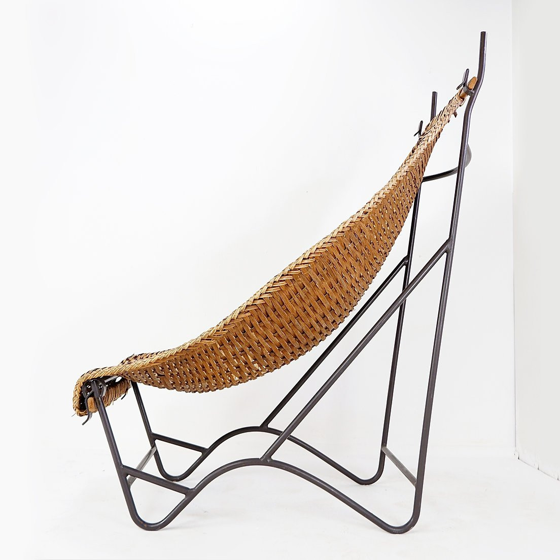 John Risley Style High-back Lounge Chair Solid Iron / Wicker France, 1950’s-photo-3