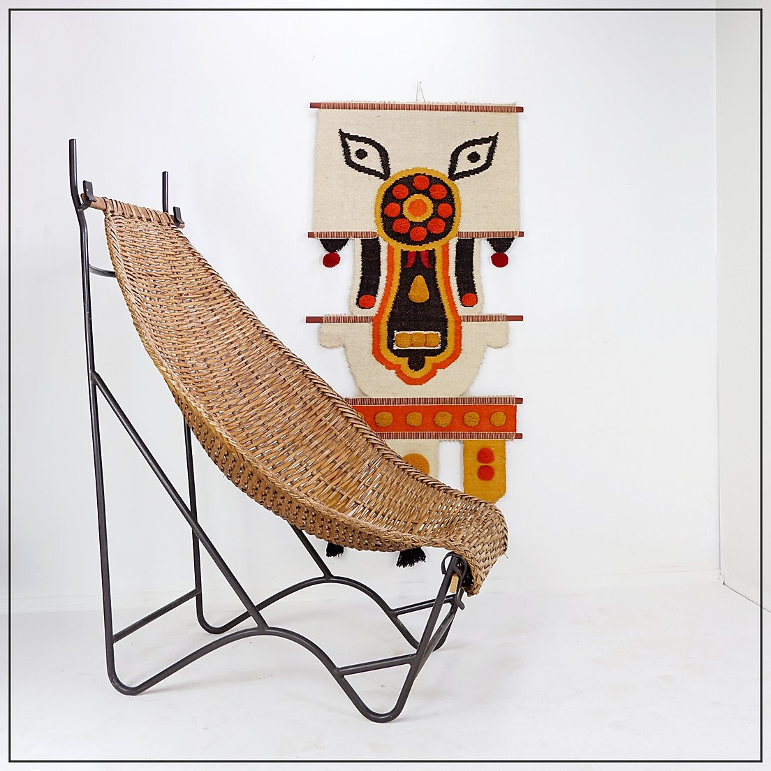 John Risley Style High-back Lounge Chair Solid Iron / Wicker France, 1950’s