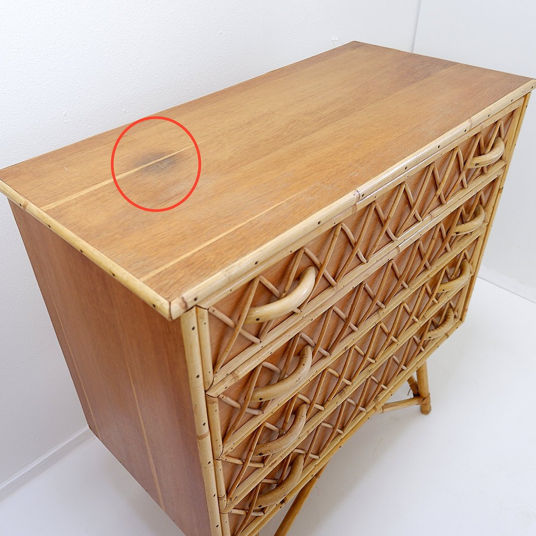 Commode vintage 4 tiroirs en bambou, rotin et osier-photo-2