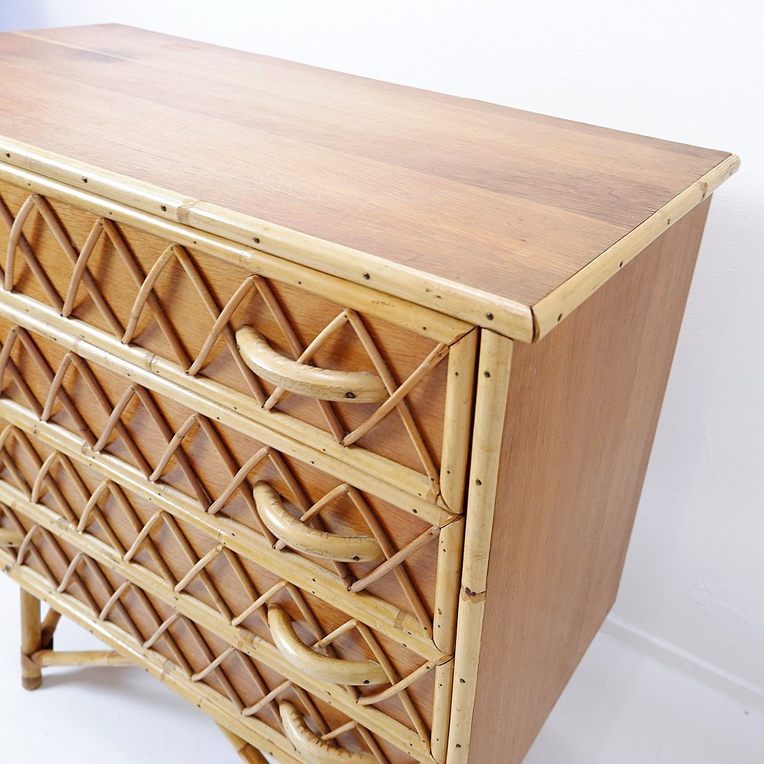 Commode vintage 4 tiroirs en bambou, rotin et osier-photo-6