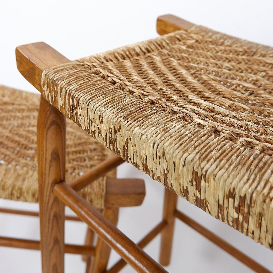 Set Of 3 Oak Bar Stools With Woven Rush Seat-photo-2