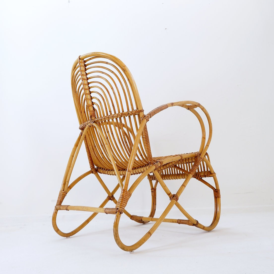 Fauteuil vintage courbé en rotin et bambou - Années 1960-photo-2
