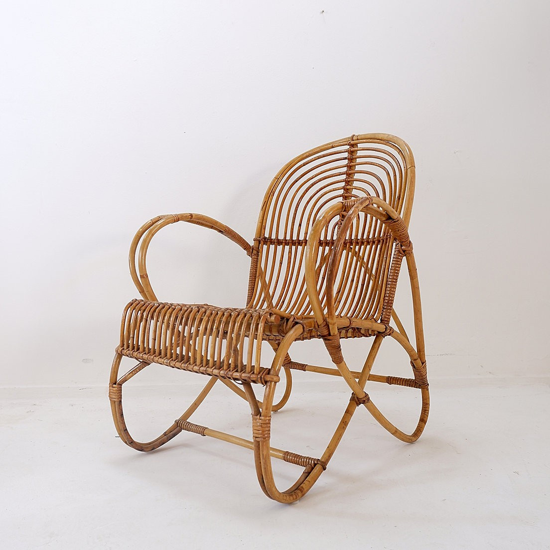 Fauteuil vintage courbé en rotin et bambou - Années 1960-photo-3