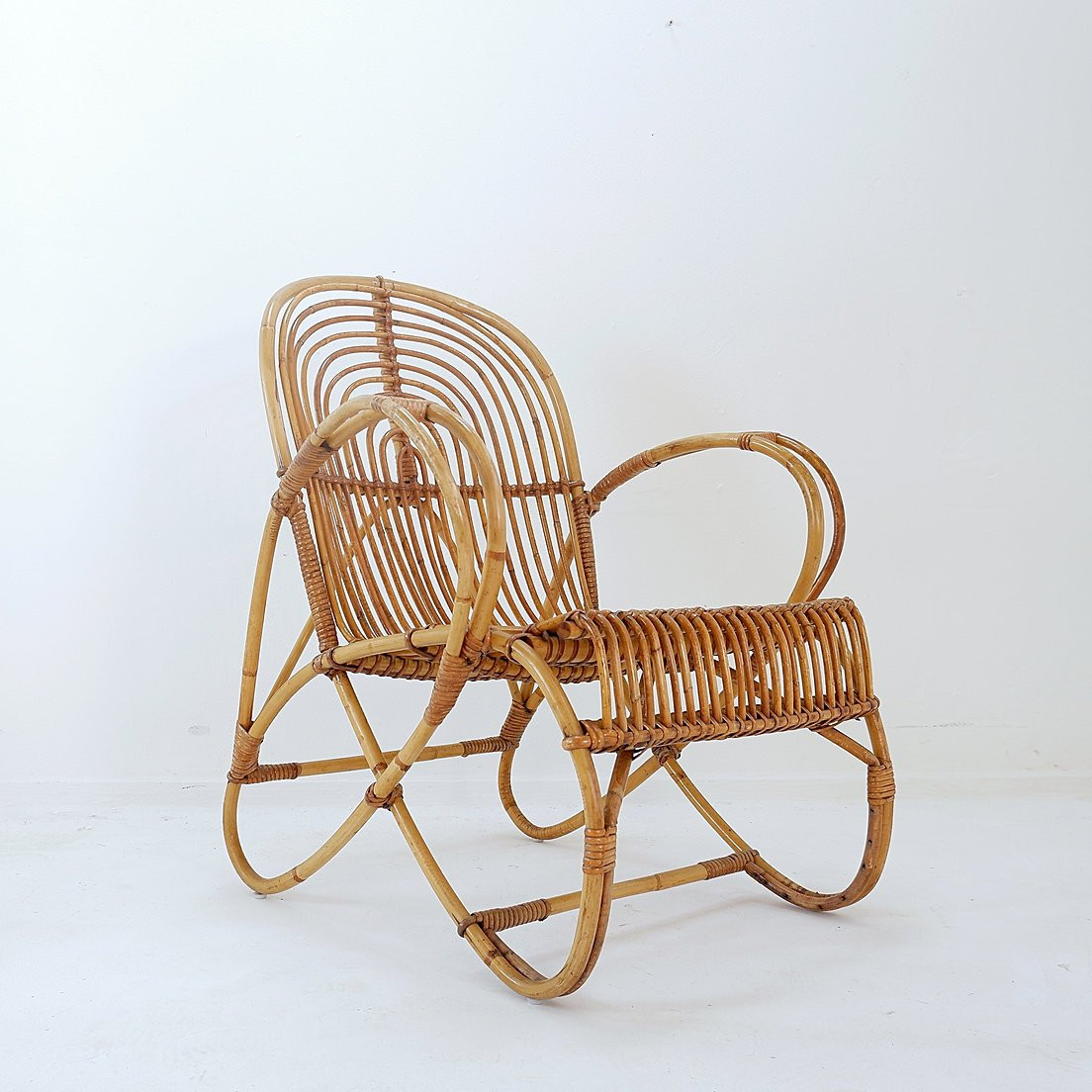 Fauteuil vintage courbé en rotin et bambou - Années 1960-photo-7