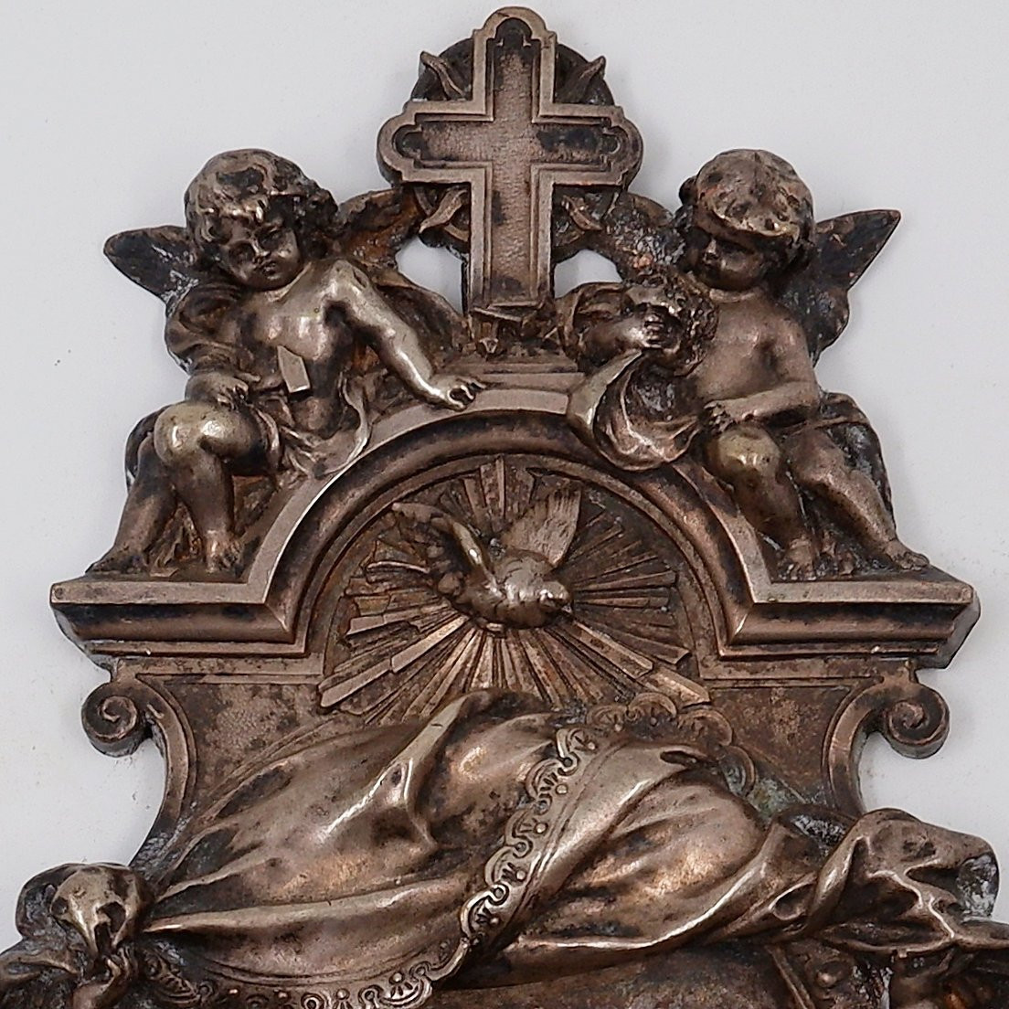 Bénitier d'applique en cuivre argenté représentant le Baptême du Christ XIXème-photo-5