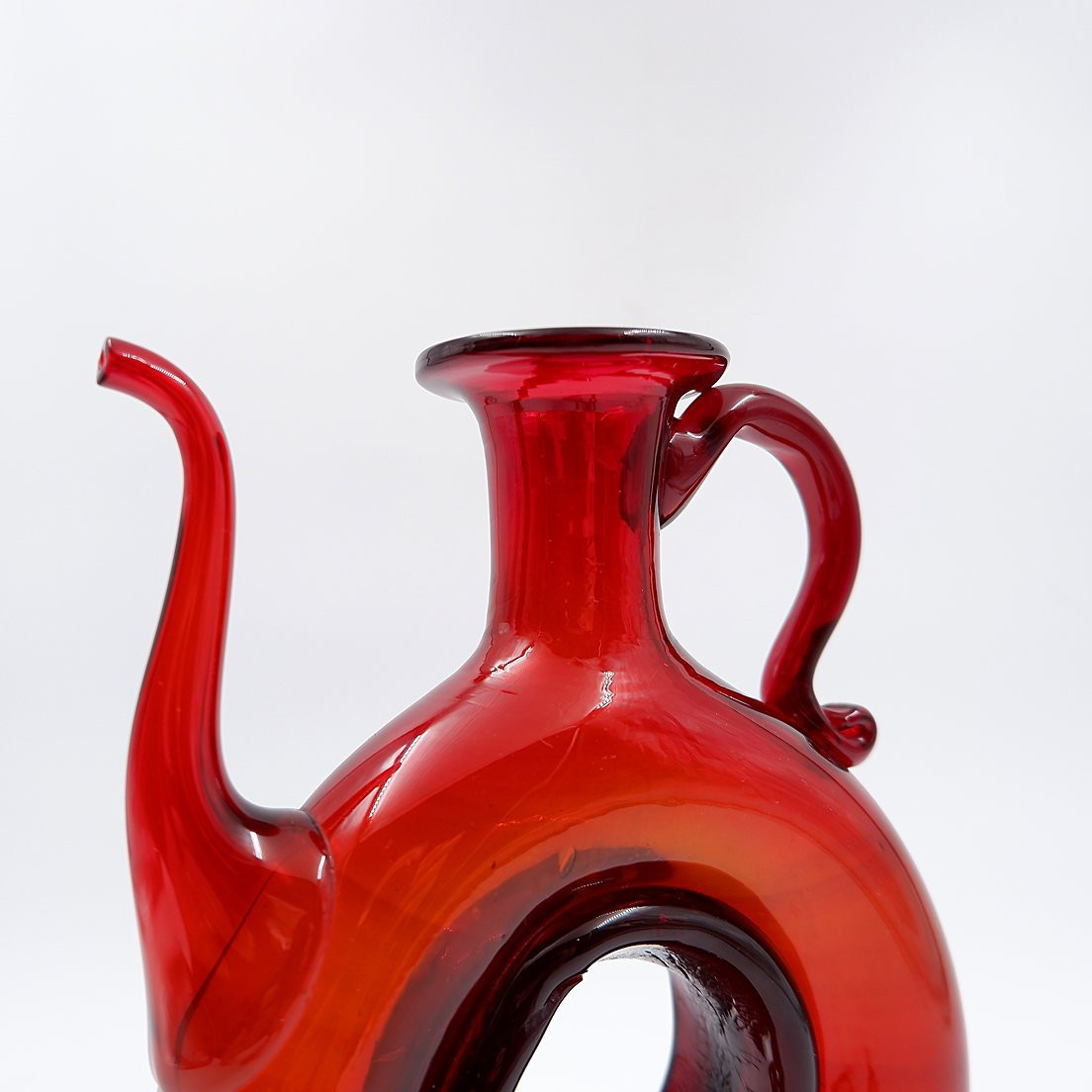 Vintage Red Blown Glass Carafe "anneau"-photo-4
