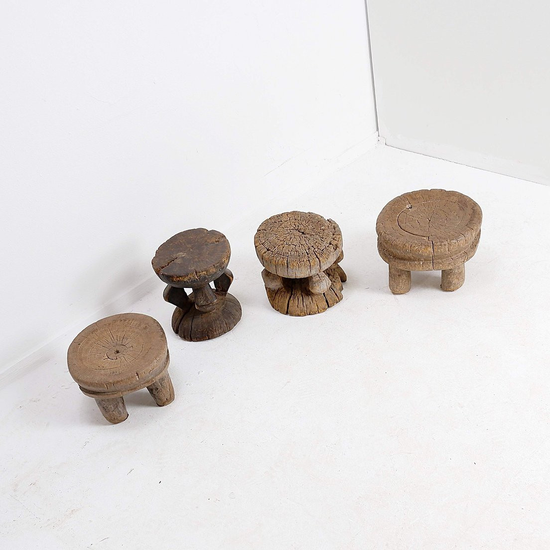 Set Of 4 African Carved Wooden Stools-photo-2