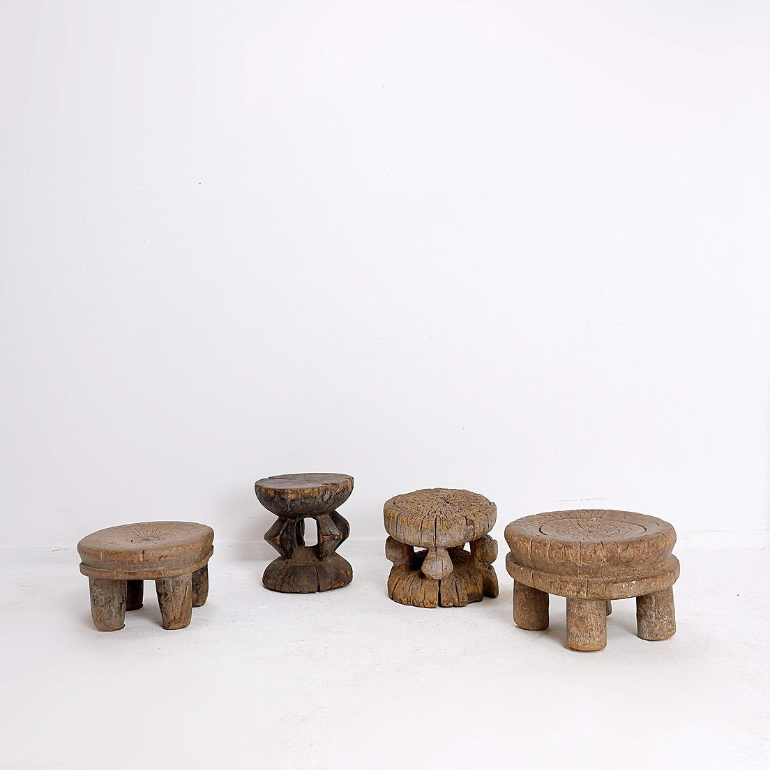 Set Of 4 African Carved Wooden Stools-photo-3