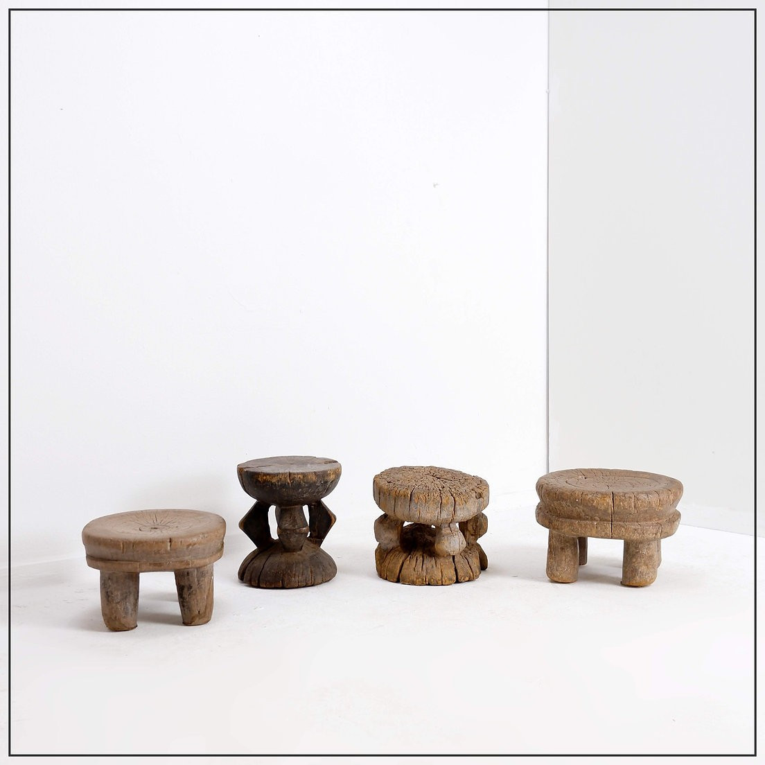 Set Of 4 African Carved Wooden Stools